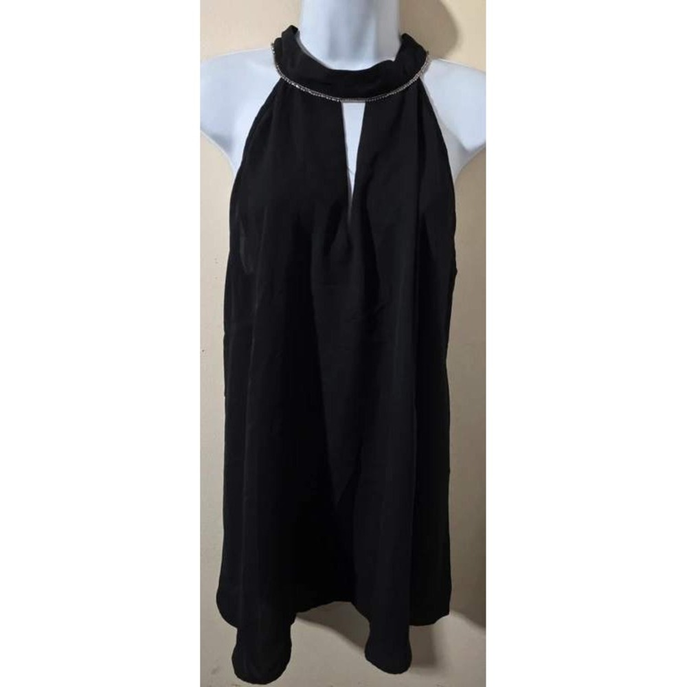 Ashley Stewart Black Halter Top Rhinestone Trim Keyhole Blouse Womens 18/20